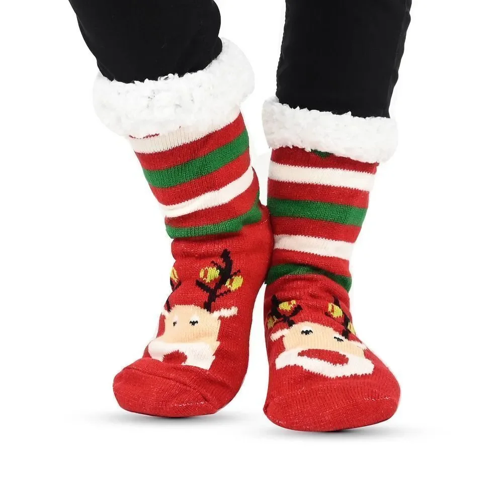 Snowman and Reindeer Pattern Sherpa Lined Slipper Socks Sz 5-10 Anti Slip Rubber